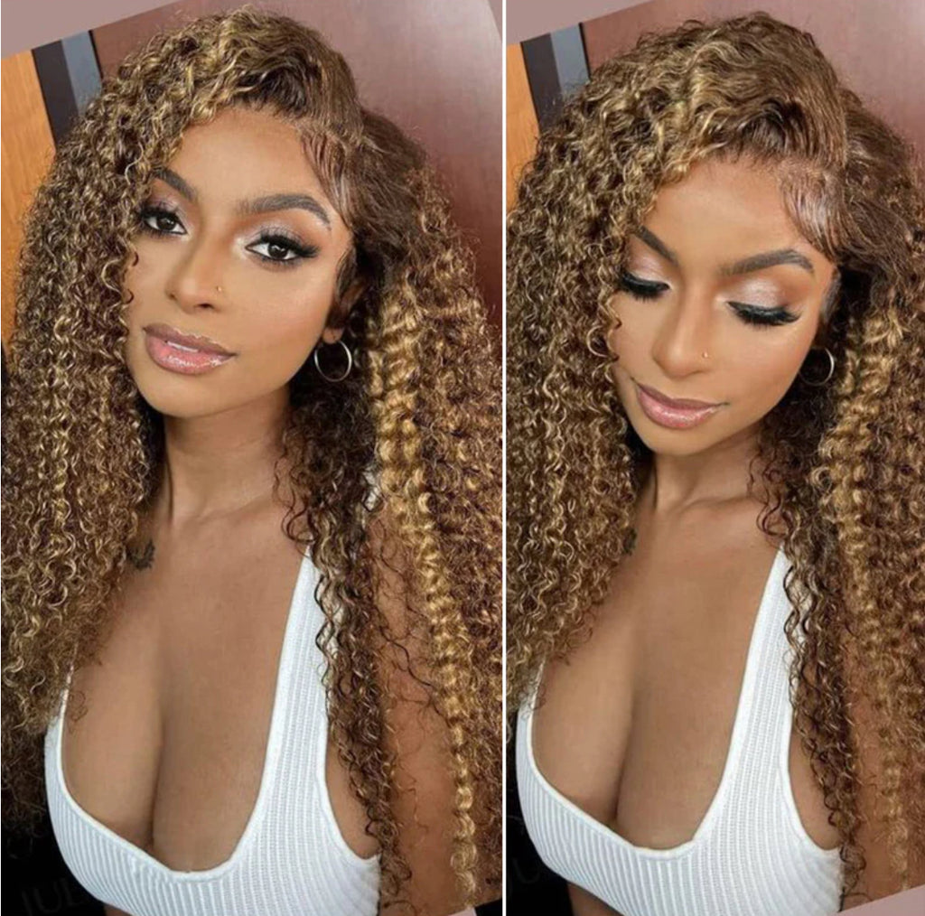 AKWA - Perruque 13x4  Lace Front  Chatain Clair miel Jerry Curly | Cheveux 100% Humains | Nialux Perruque