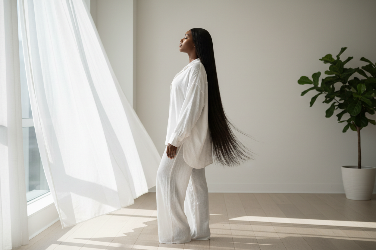 femme bien noir avec des cheveux qui lui arrive jusquau fesse bien noir vetu de blanc decontracter de profil