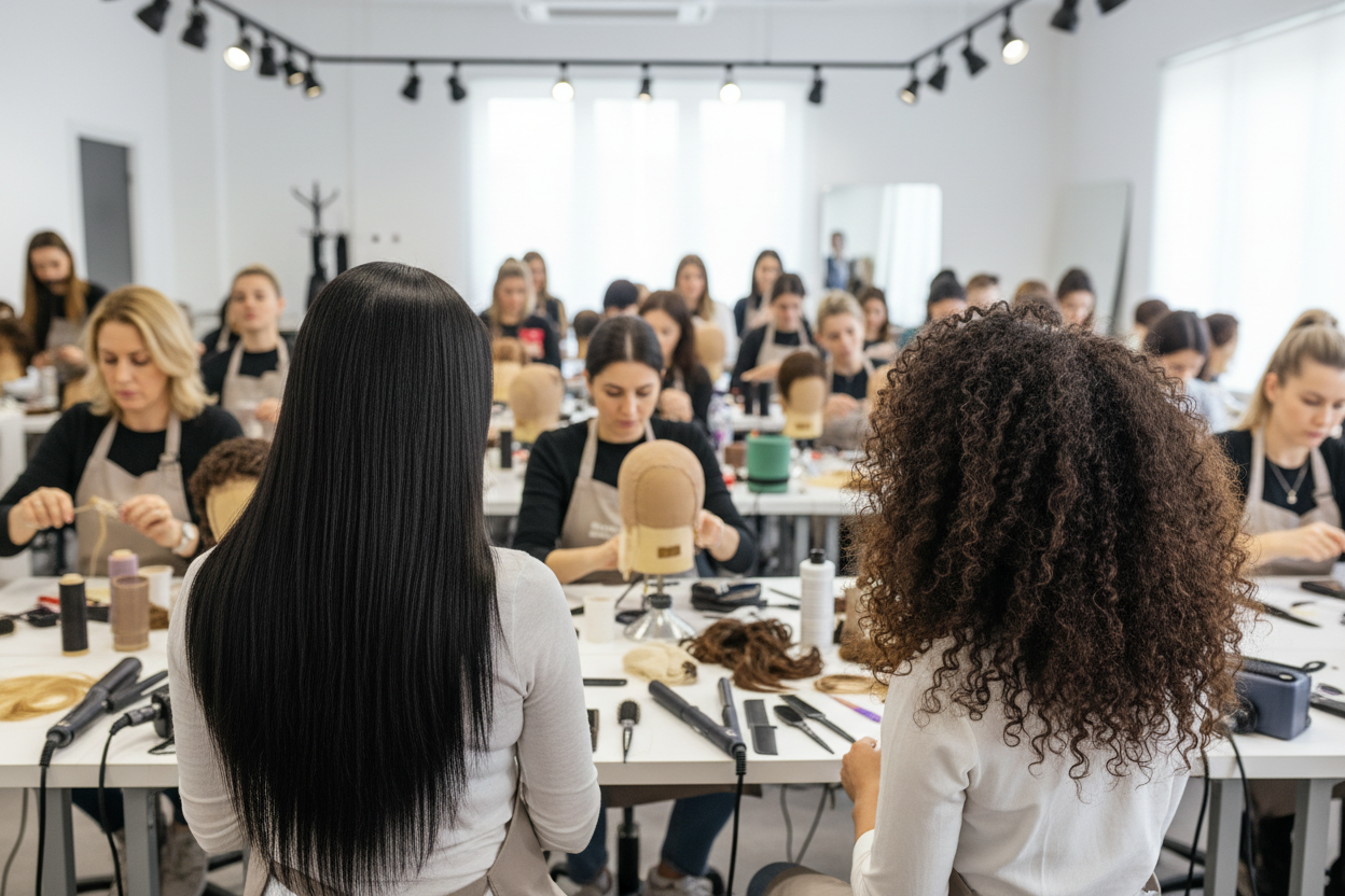 genere moi des femme blanche dans un attelier entrain de confectioner des perruque en arriere plans et en premirer plans deuc feme qui discute de dos une a une belle longue perruque lisse et lautre unr longue perruque curly