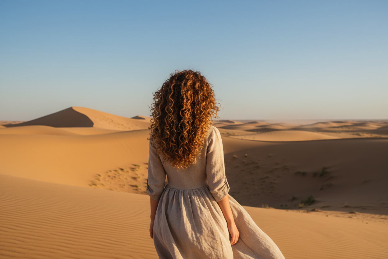 genere une image dune fille cheveux chatin claire boucle dans le desert