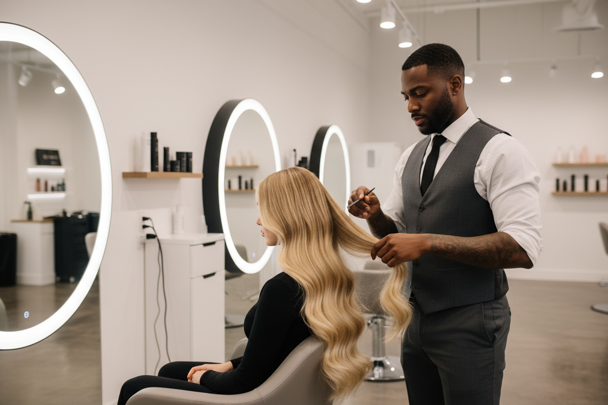 HOMME NOIR HABILLER PARREIL ET LES CHEVEUX DE LA FEMME PLS LONG