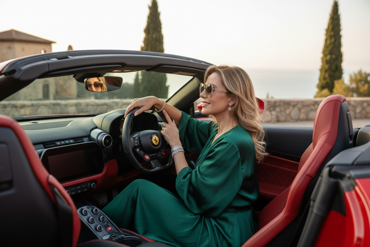 one jolie femme dans une voiture de luxe type ferrari