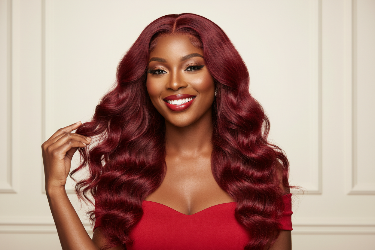 une femme noir avec une erruque rouge onduler photo publicitaire 